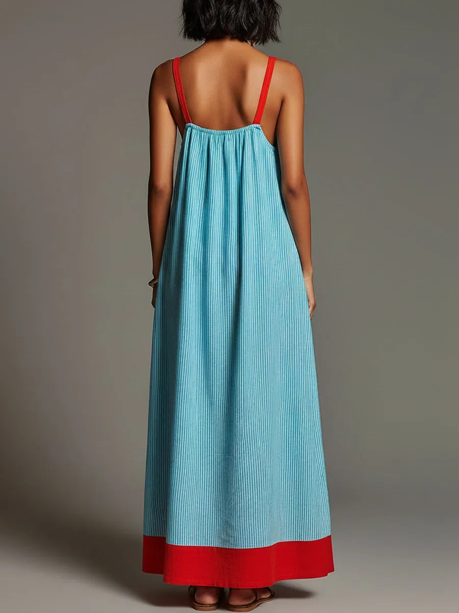 Vacation Striped Color Block Strap Maxi Dress With Pockets