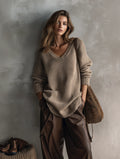 Women's Casual Grey-brown Knitted V-neck Long-sleeve Sweater MDZ2305G3LXY