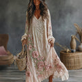 Women's Retro Floral Art Flowy Linen Blend Casual Long Sleeve Maxi Dress
