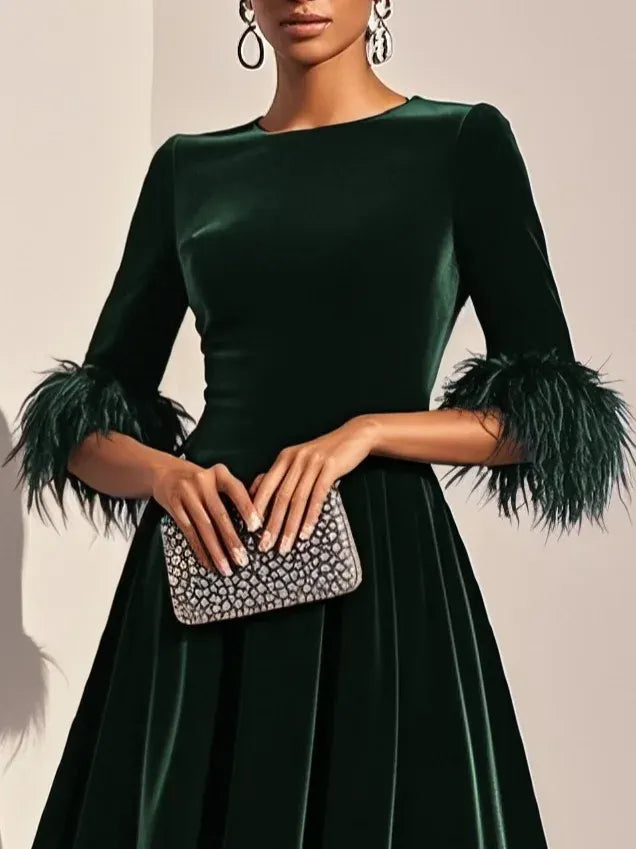 Dark Blue Feather-trimmed Velvet Round Neck Short-sleeved A-line Midi Dress