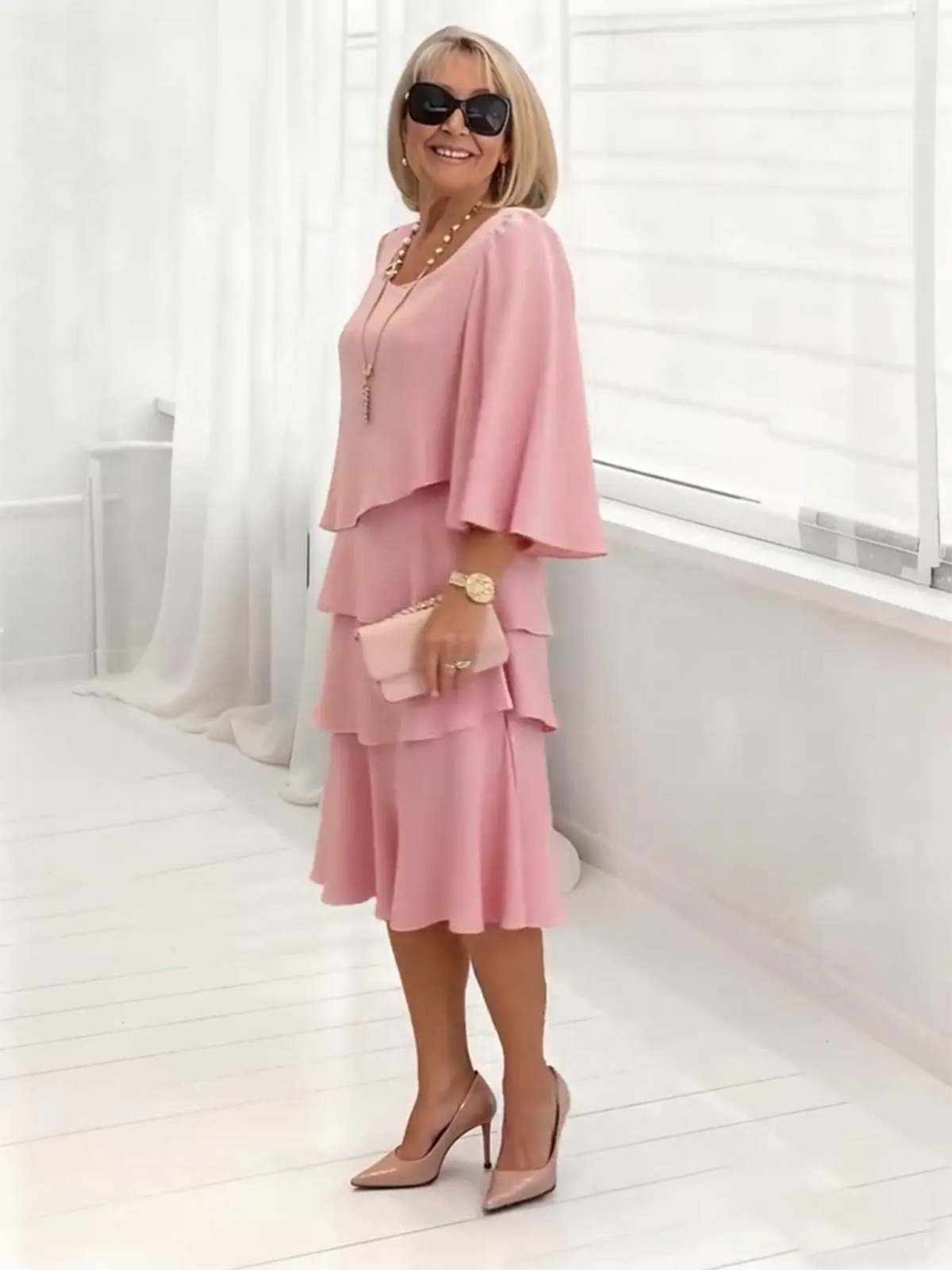 Long Dress Half Sleeve Fashion Cake Skirt Women's Temperament Loose and Thin Round Neck Dress