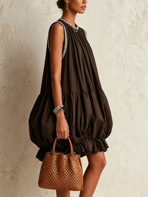 Brown Sleeveless Bubble Hem Mini Dress