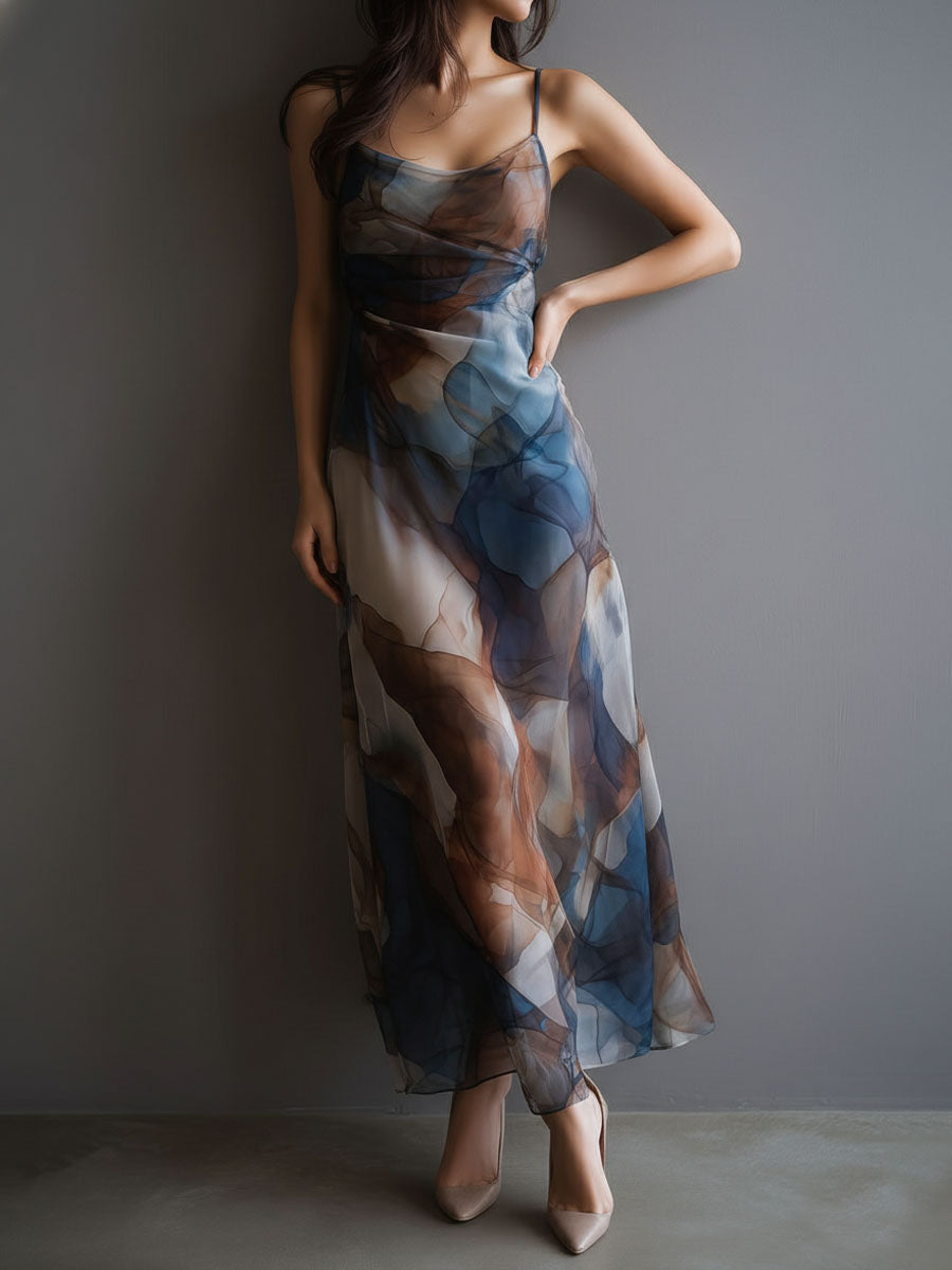 Retro Abstract Print Watercolor Chiffon Slip Maxi Dress