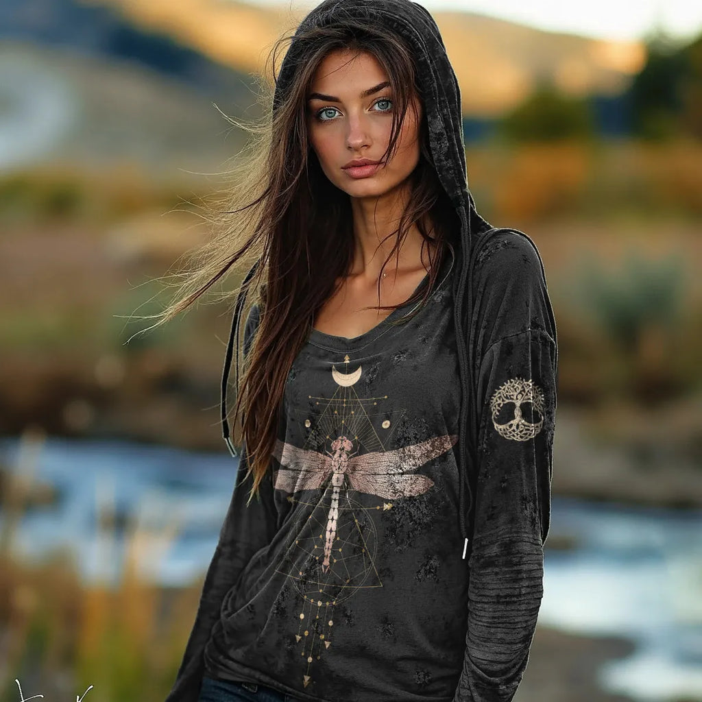 Women's Tribal Dragonfly Moon Totem Print Hoodie