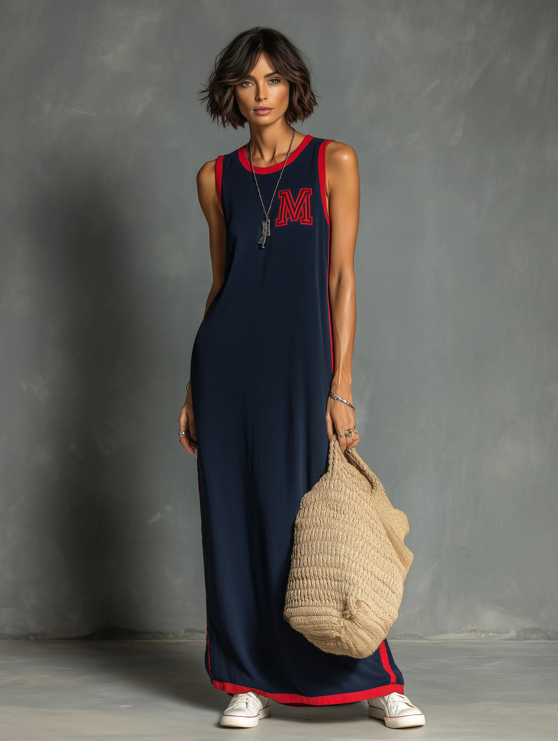 Women's Casual Stretch Knit Sleeveless Maxi Dress With Contrast Trim MDZ3071F6WY