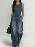 Women's Grommet Detail Wide-Leg Jumpsuit - Bold High-Waisted Sleeveless Streetwear One-Piece