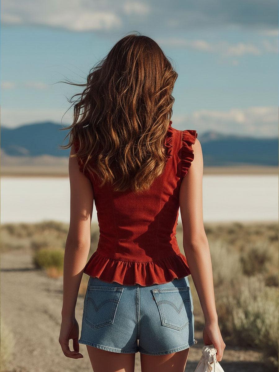 Bohemian Western Retro Red Faux Suede Ruffled Sleeveless Shirt