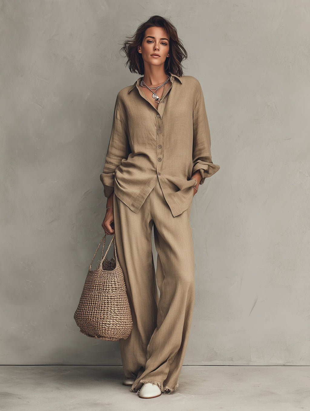 Women's Minimalist Long-Sleeve Shirt And Wide-Leg Pants Set With Raw Hems MDZ0934G8WY