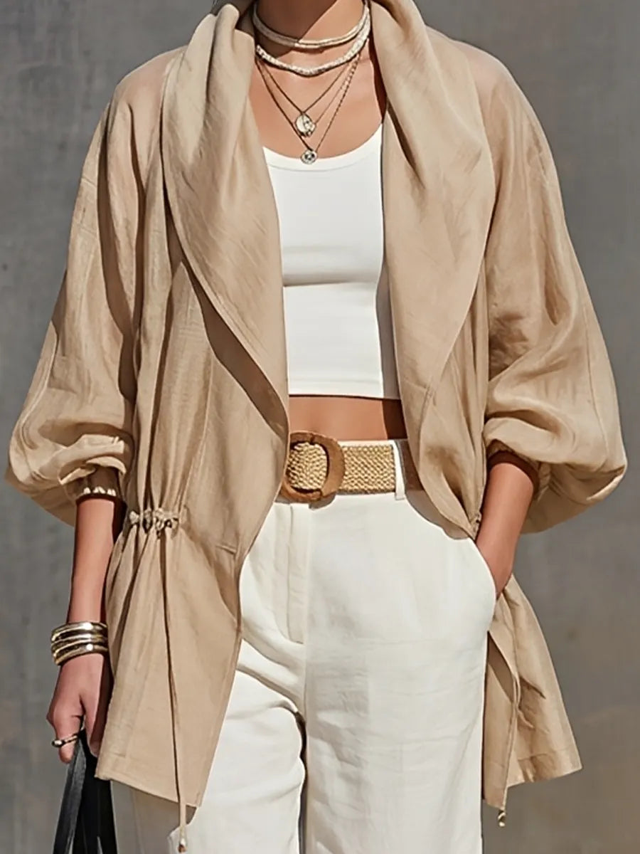 Women's Khaki Linen Blend Sheer Jacket With Lapel Collar Balloon Three Quarter Sleeves & Waist Drawstring, Minimalist Resort Lightweight Oversized Outerwear MDZ2240G0LYL