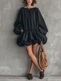 Women's Casual Black Long-sleeve Mini Dress With A Round Neck And Tulip Skirt MDZ0922G5LXY