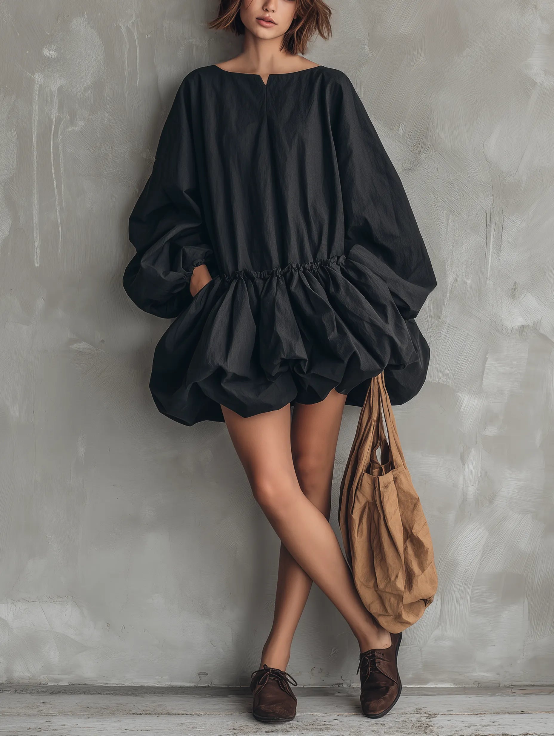 Women's Casual Black Long-sleeve Mini Dress With A Round Neck And Tulip Skirt MDZ0922G5LXY