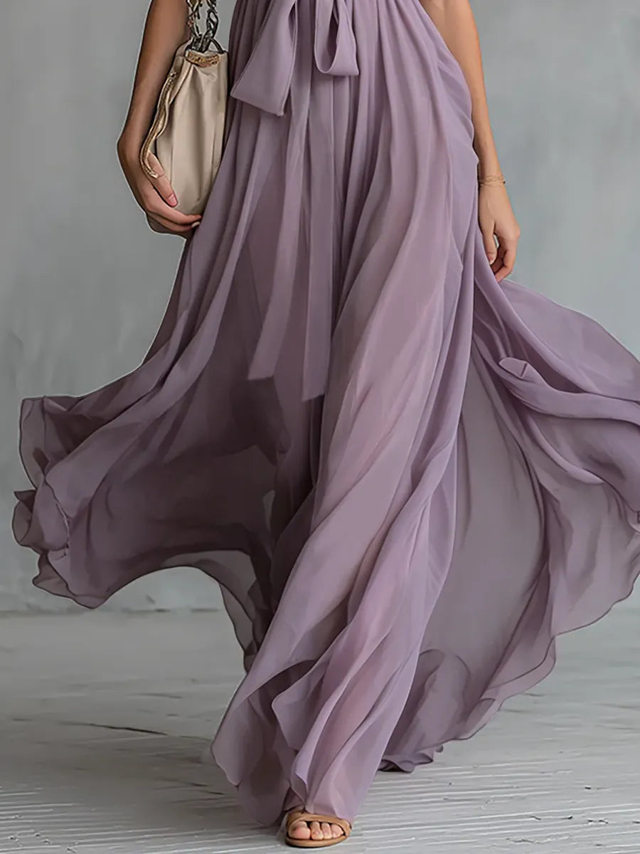 Elegant And Stylish Halter Neck V-neck Sleeveless Chiffon Maxi Dress