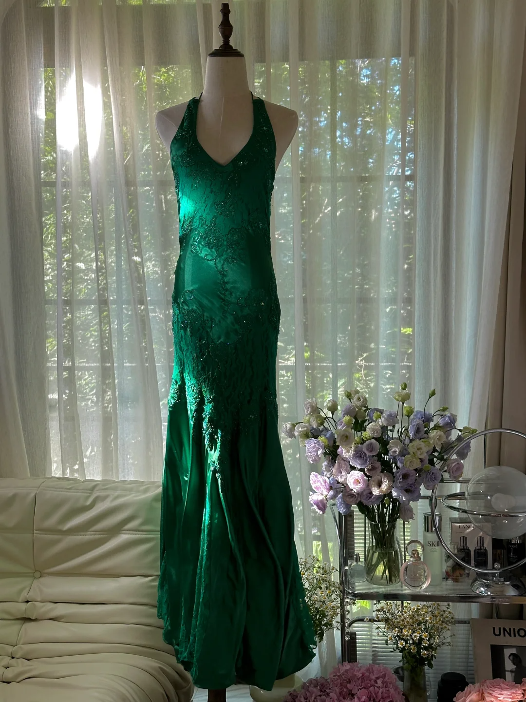 Green Gorgeous Shiny Fashion Elegant Delicate Lace Beading Long Satin Chiffon Fairy Ball Gown Evening Dress Birthday/Wedding Guest/Holiday Party Dress Prom Dress Valentine's Day Date Dress 4037