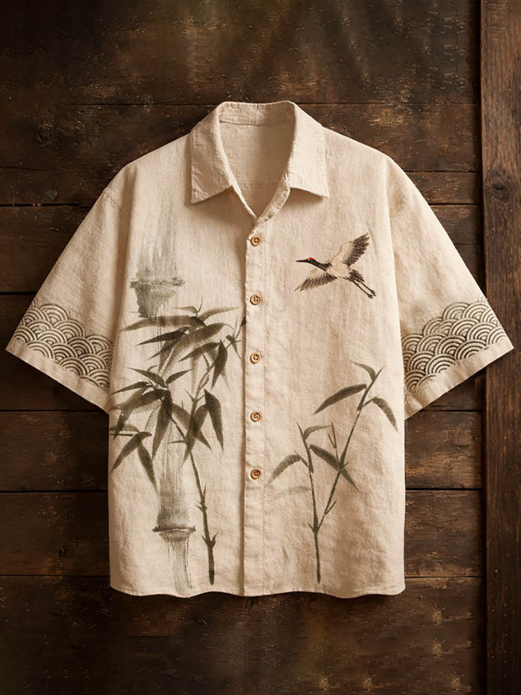 Men's Japanese-style Bamboo Pattern Linen Short-sleeved Shirt