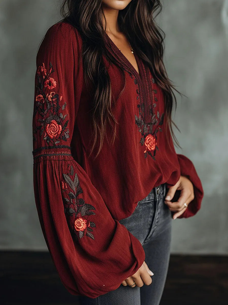 Vintage Red Embroidered Lantern Sleeve Boho Blouse