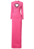 Long Sleeve Embellished Heart Cut Out Maxi Dress Hot Pink