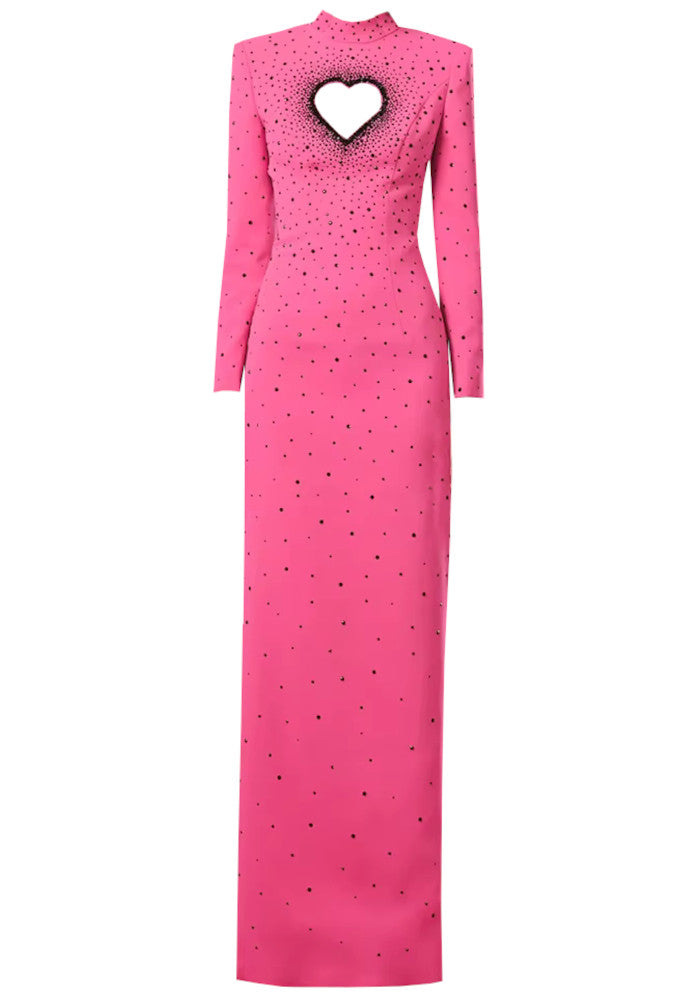 Long Sleeve Embellished Heart Cut Out Maxi Dress Hot Pink