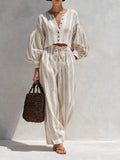 Women's Bohemian Beige Striped Cotton Linen Blend V-Neck Balloon Sleeve Cropped Top And Wide-Leg Pants Two-Piece SetMDZ0966G9ZSQ