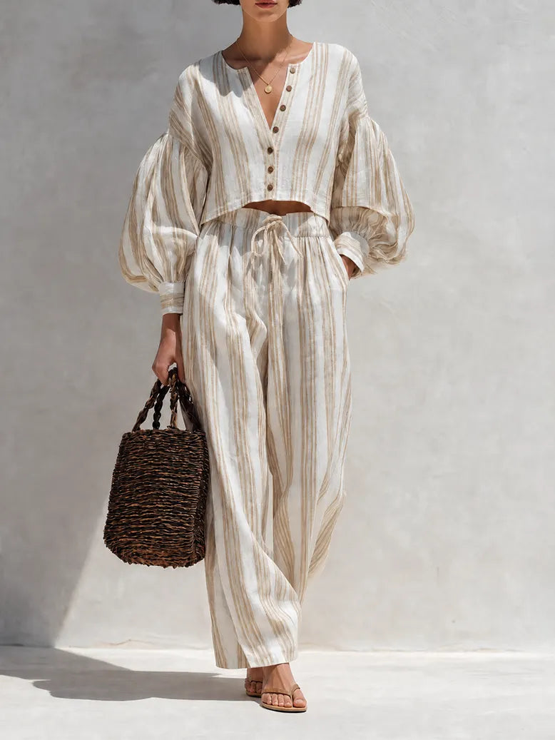 Women's Bohemian Beige Striped Cotton Linen Blend V-Neck Balloon Sleeve Cropped Top And Wide-Leg Pants Two-Piece SetMDZ0966G9ZSQ