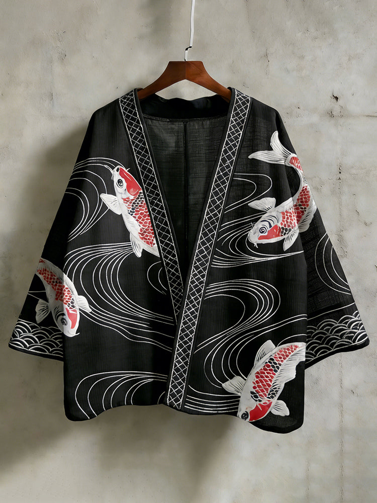 Retro Japanese Koi With Wave Pattern Casual Kimono Cardigan