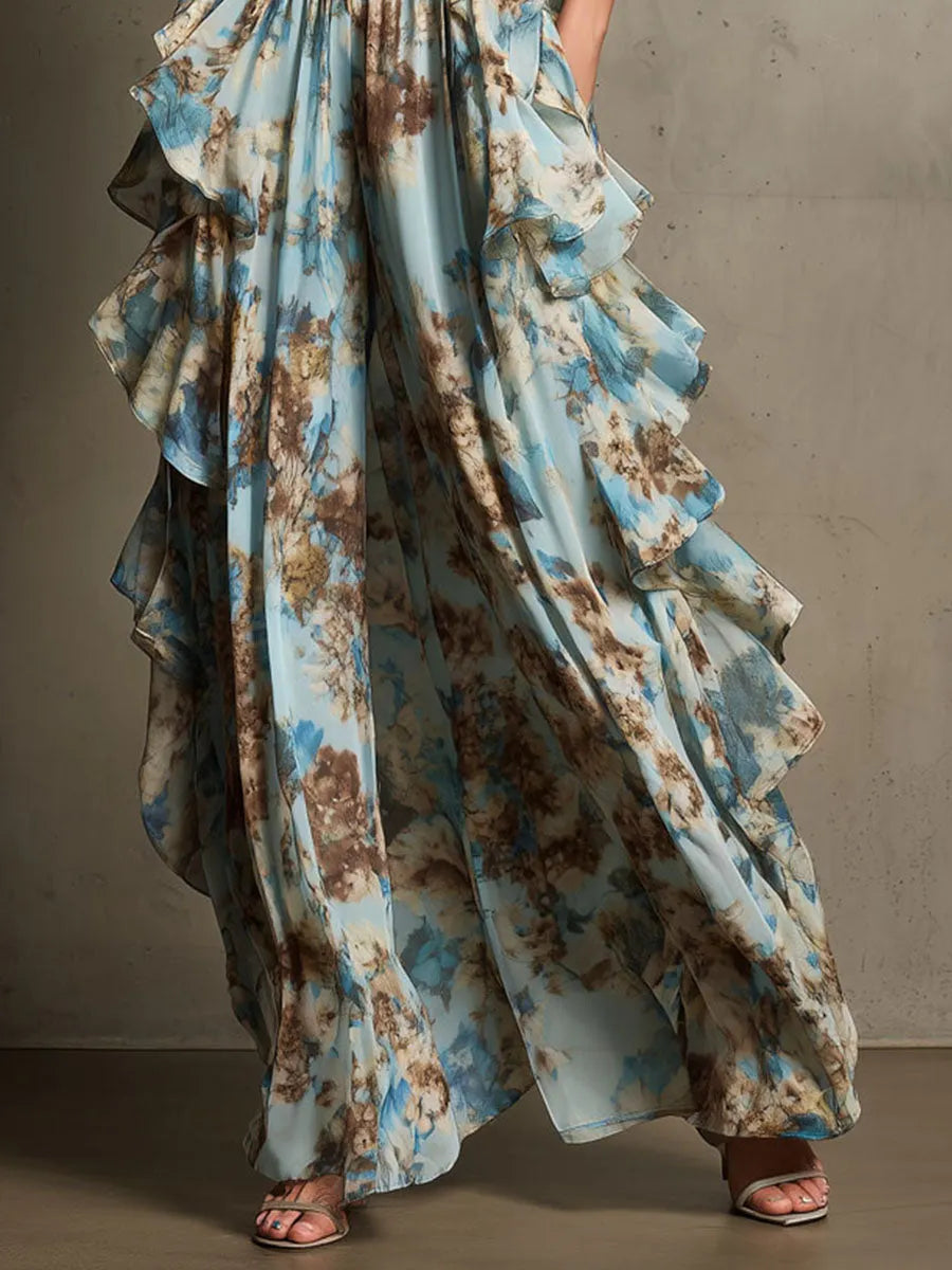 Boho Chic Dusty Blue Ruffled Floral Chiffon Jumpsuit