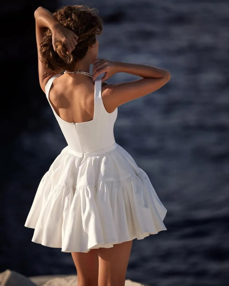 Short strap wedding dress. Minimalist mini dress for the bride. Beautiful party dress. Reception dress for the bride, hens party dress.