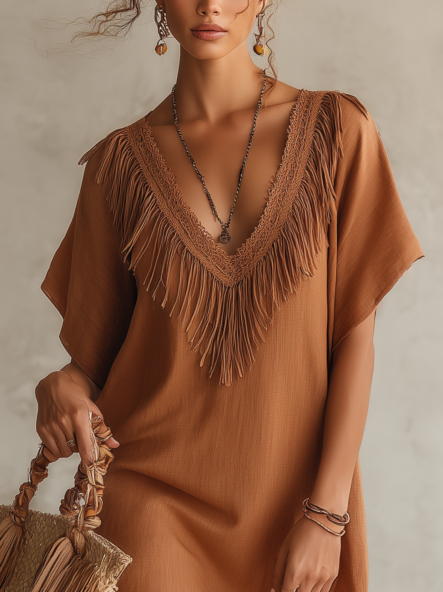 Brown Lace Fringe V-Neck Mini Dress