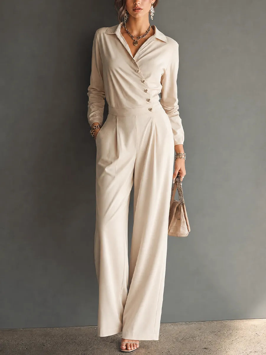 Women's Minimalist Workwear Style Apricot Cotton Blend Lapel Asymmetric Button Long Sleeve High Waist Wide Leg Long Jumpsuit MDZ0746G2GMJ