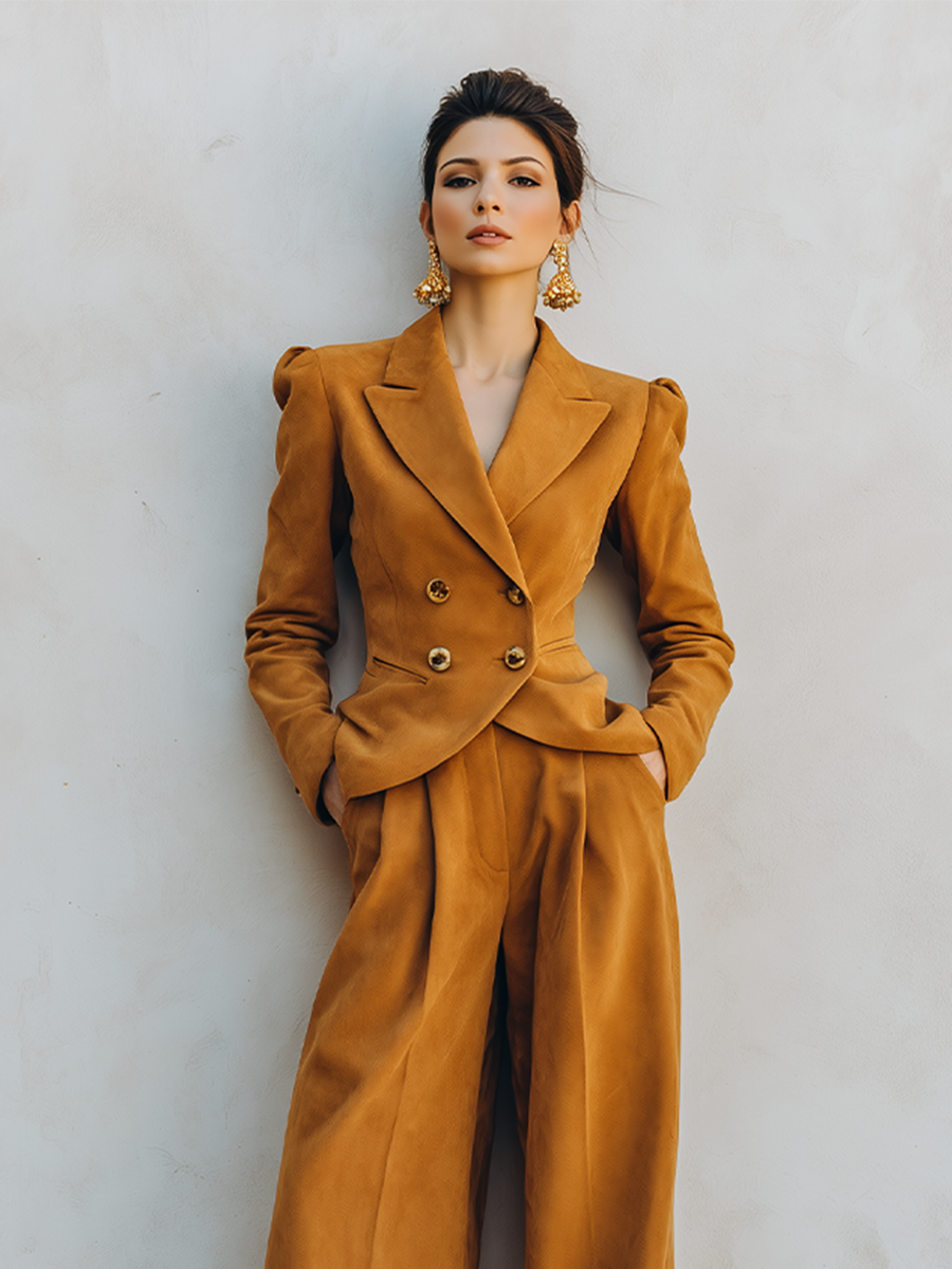 Women's Mustard Faux Suede Texture Two Piece Suit Set With Double Breasted Puff Shoulder Blazer & High Waist Pleated Wide Leg Trousers, Vintage Elegant Formal Co-Ord Outfit MDZ2446G2LYL
