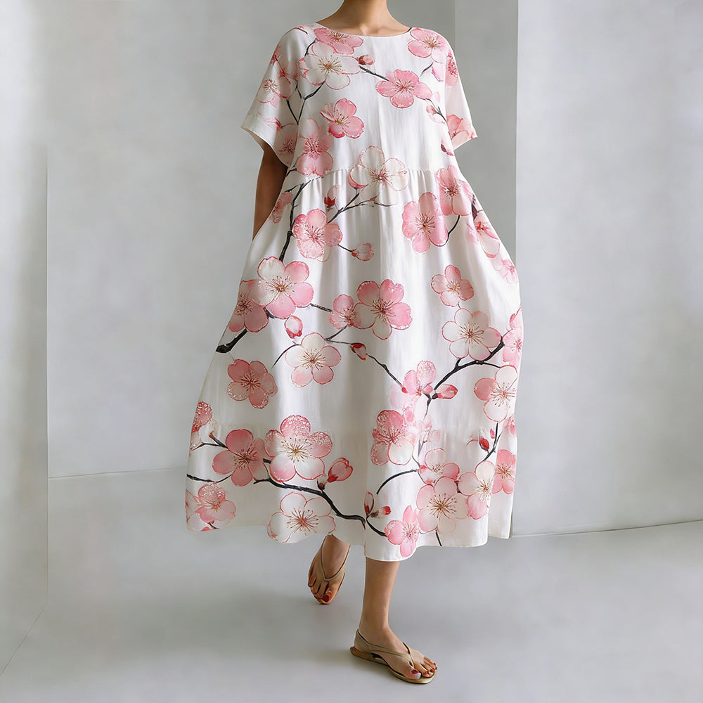 Japanese Art Cherry Blossom Printed Long Sleeve Casual Midi Dress