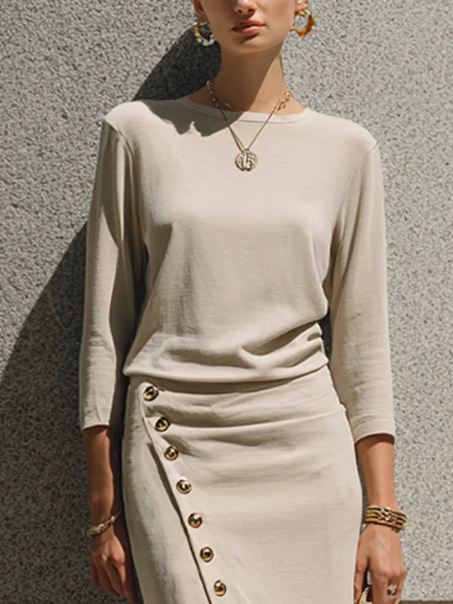 Women's Minimalist Workwear Style Oat Cotton Blend Crew Neck 3/4 Sleeve Side Button Slit Midi Skirt Set MDZ0659G4GMJ