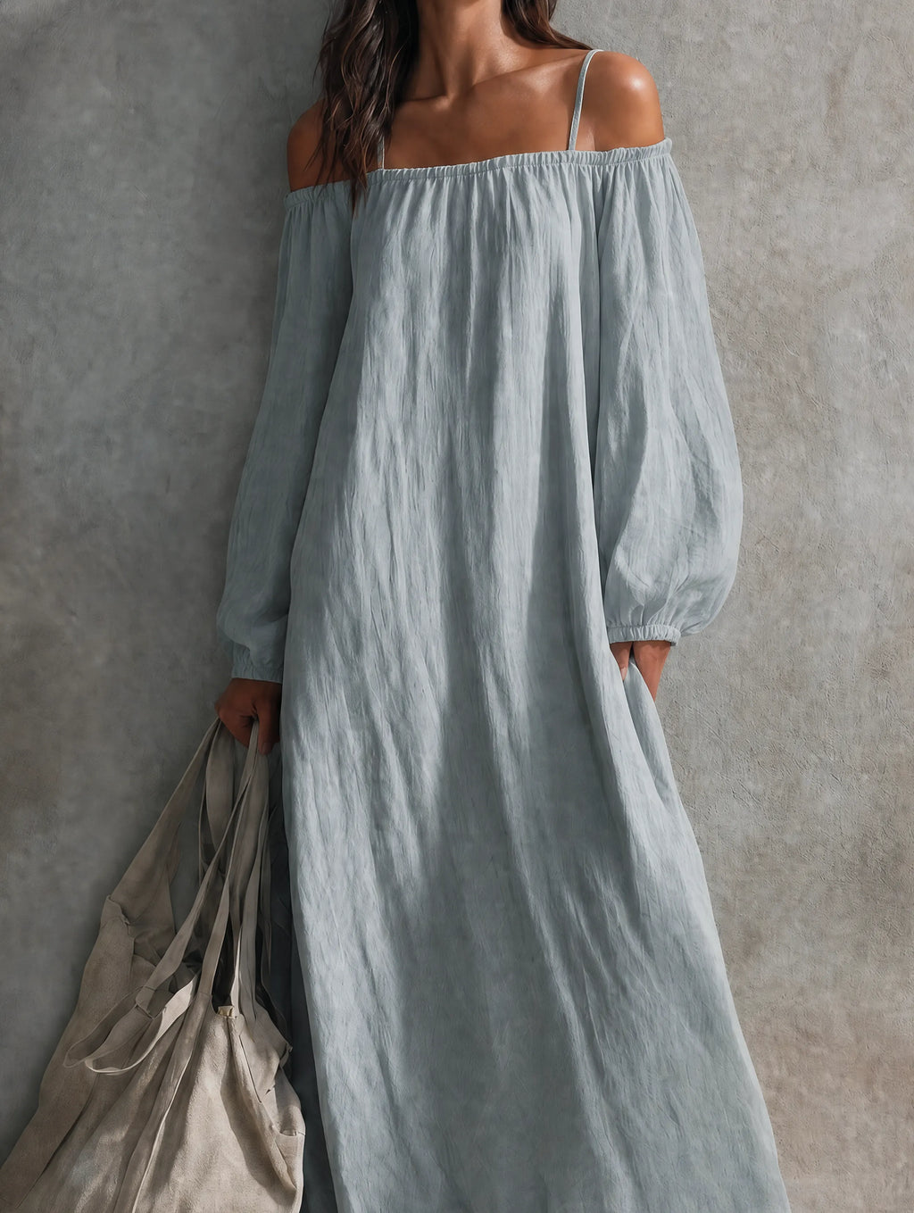 Women's Casual Light Grey-blue Cotton-linen Maxi Dress With Spaghetti Straps, Off-shoulder Design, And Long Sleeves MDZ0266G4LXY