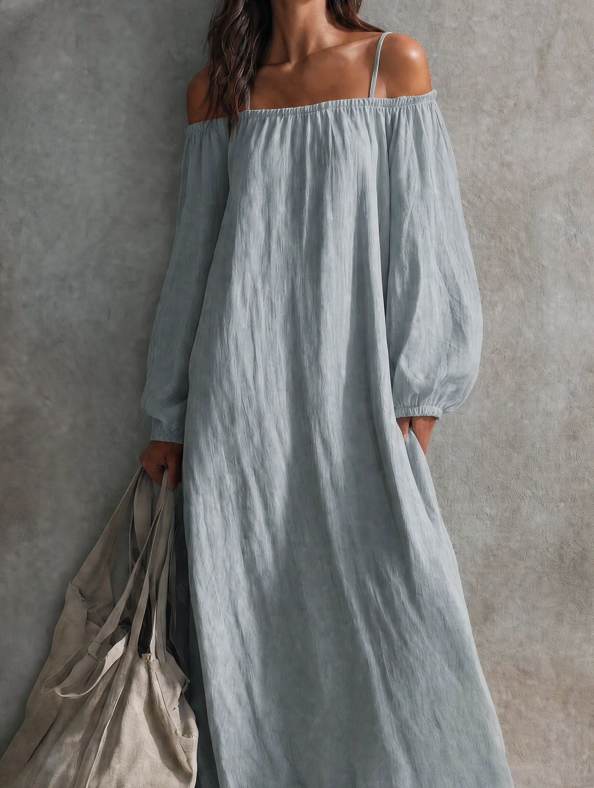 Women's Casual Light Grey-blue Cotton-linen Maxi Dress With Spaghetti Straps, Off-shoulder Design, And Long Sleeves MDZ0266G4LXY