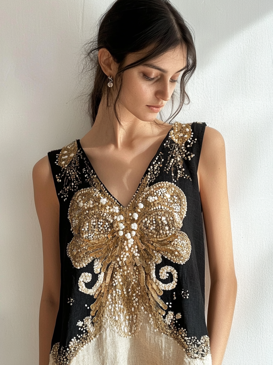 Women's Viking Cthulhu Celtic Gold Foil Design Linen Top