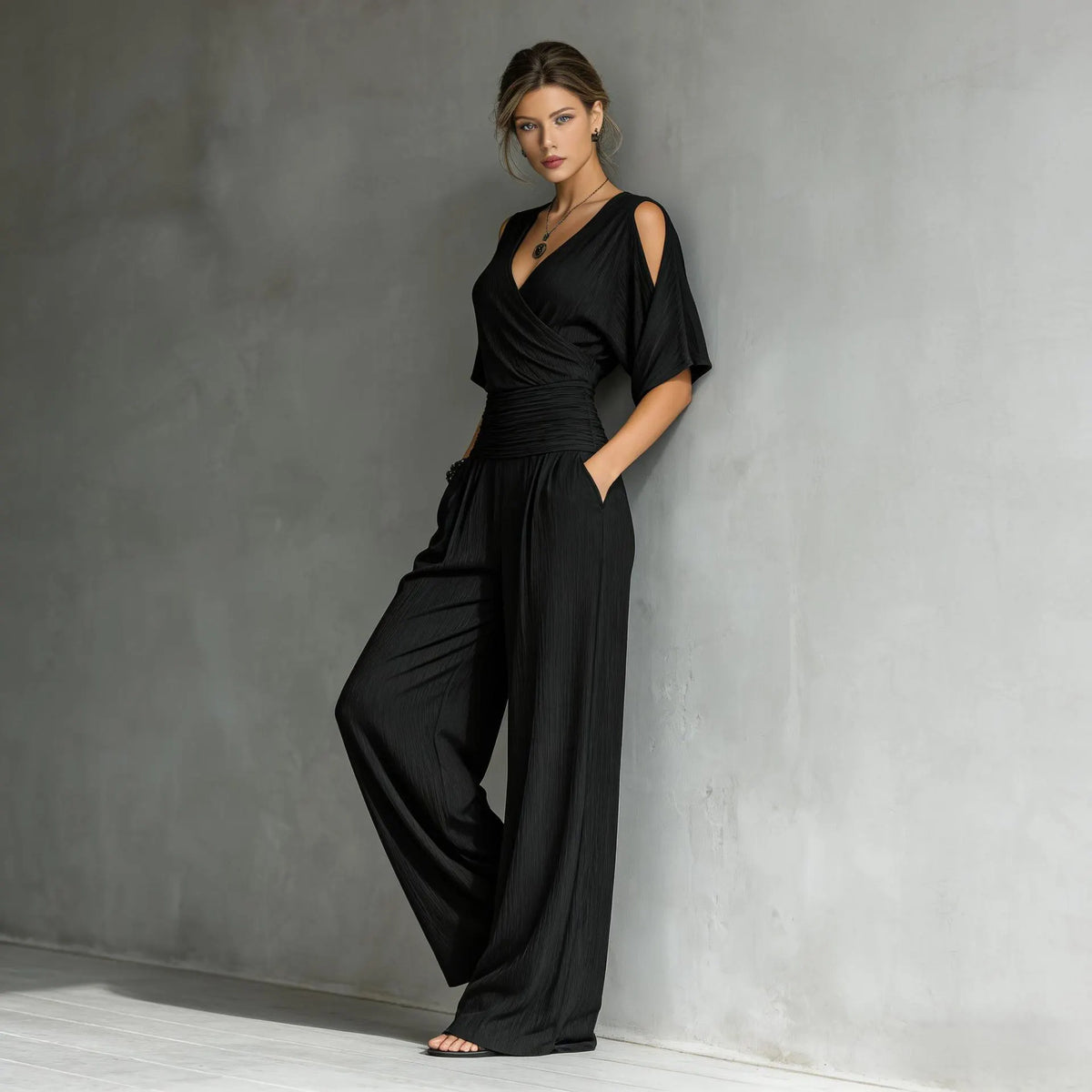 French Chic Wrap V-Neck Jumpsuit - Elegant Ruched Waist Wide-Leg Romper with Shoulder Cut-outs