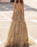 Elegant Layered Tulle Glitter V-neck Maxi Dress - 01