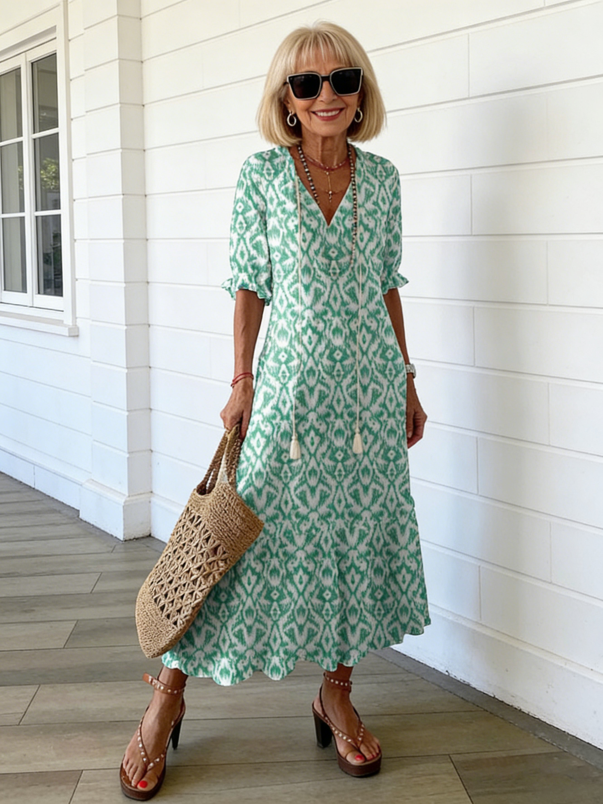 Half Sleeve Floral Print Summer Fall V Neck Casual Geometric Printed Dress