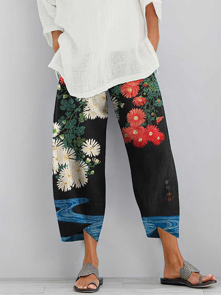 Japanese Flowers Art Cropped Casual Pants