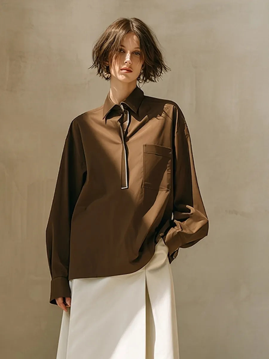 Women's Coffee & Ivory Cotton Two-Piece Set With Oversized Chest Pocket Shirt & High Waist A-Line Midi Skirt, Minimalist Neutral Smart Casual Matching Outfit MDZ0607G5LYL