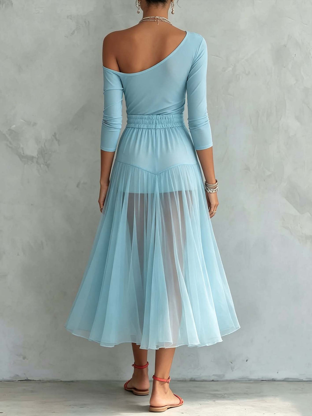 Sky Blue One-Shoulder Top And Mesh Patchwork Midi Skirt Set