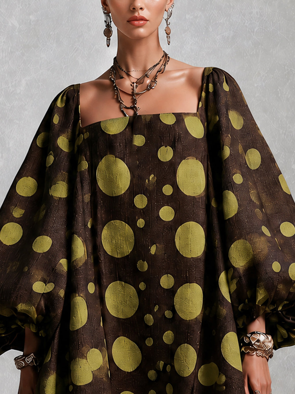 Olive Polka Dot Balloon Sleeve Mini Dress