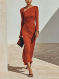 Women's Solid Rust-Red Asymmetric Ruched Long-Sleeve Maxi Dress MDZ2068G3ZRK