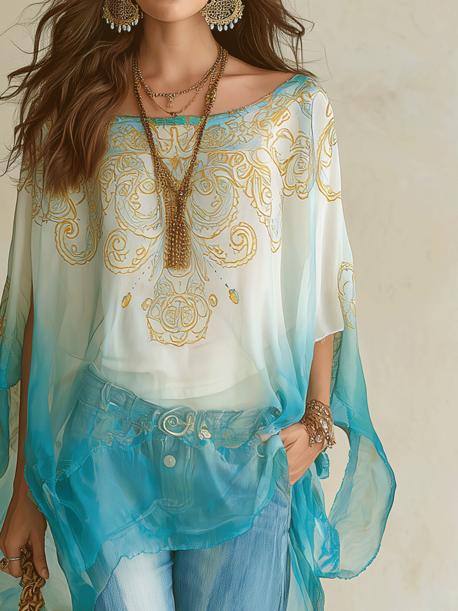 Effortless Coastal Breeze Turquoise Ombre Sheer Blouse