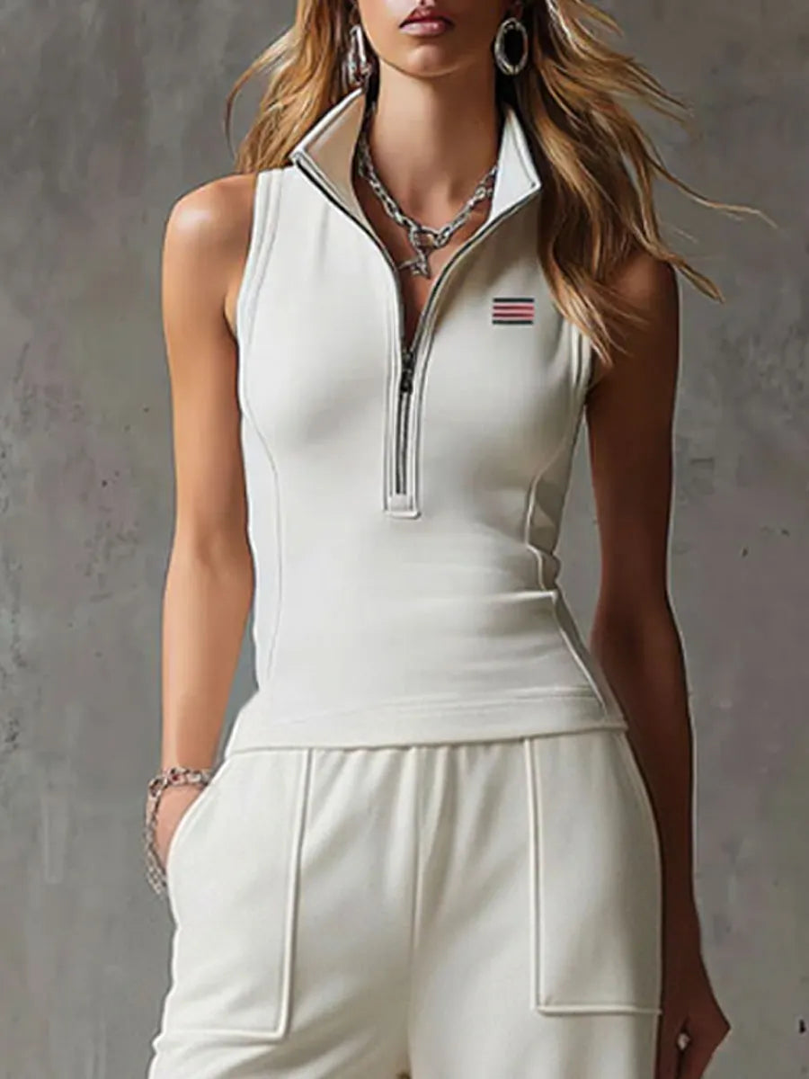 Sporty Retro White Striped Embroidered Sleeveless Vest And Wide-Leg Pants Set