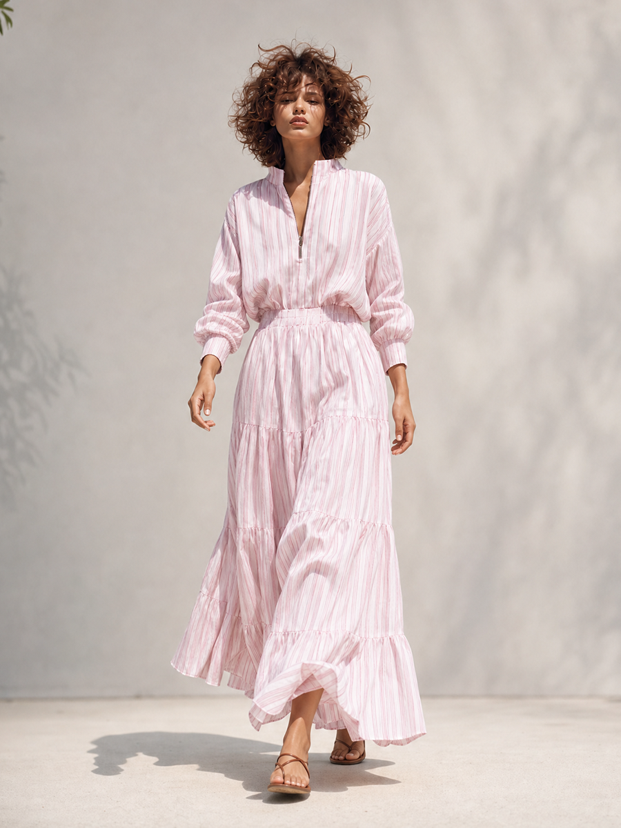 Women's Resort-Style Pink-and-White Striped Stand-Collar Zip Long-Sleeve Cinched-Waist Maxi Dress MDZ1621G5CMX