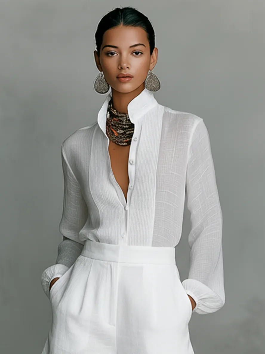 Women's Minimalist Linen-Blend Stand-Collar Single-Breasted Long-Sleeve Shirt And Shorts Set MDZ0592F0WY