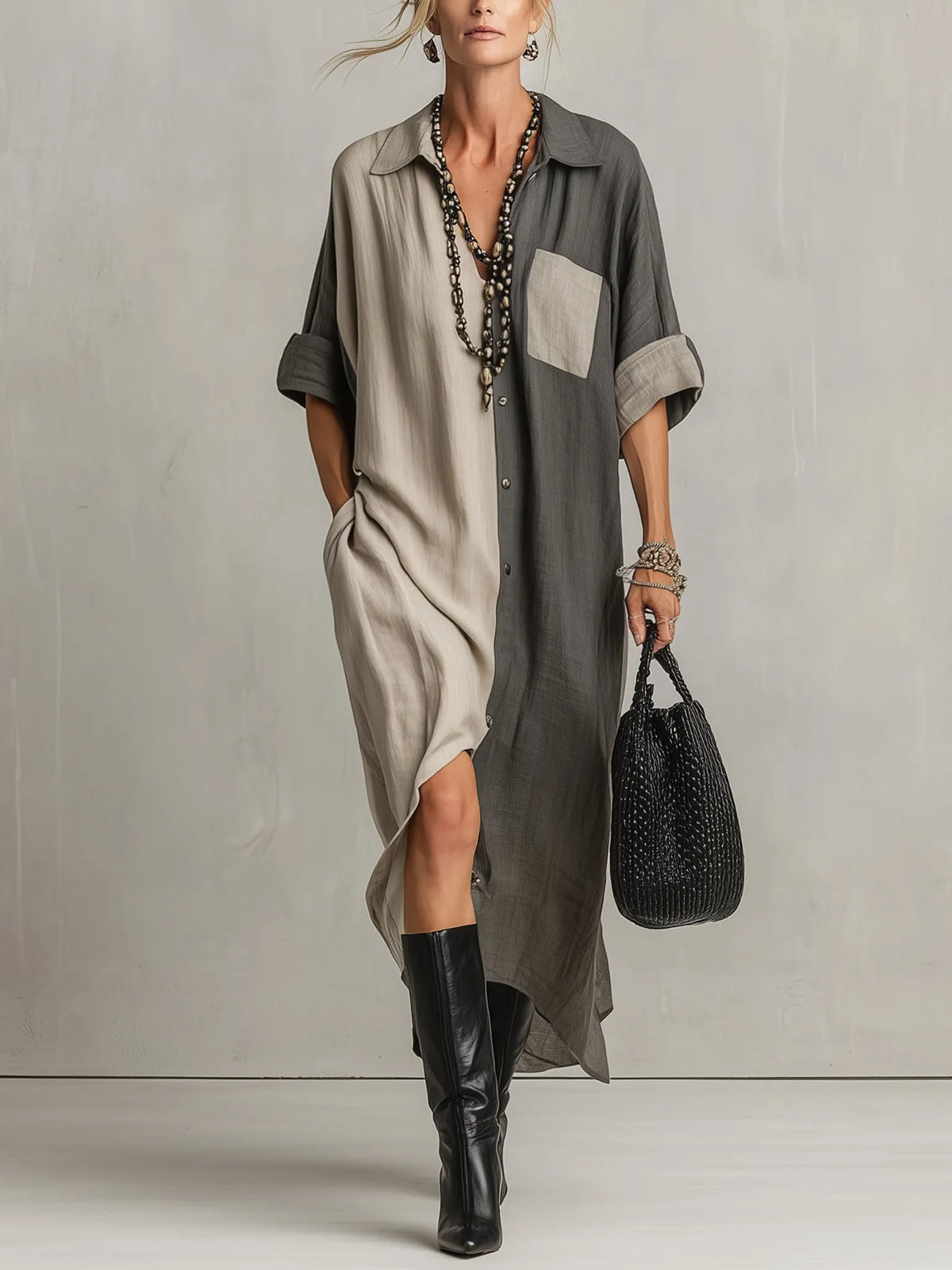 Gray Color Block Linen Short-Sleeve Maxi Dress
