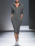 Women's Casual Cotton Polyester Half  Zip Midi Dress MDA0570H1I