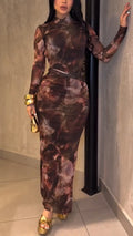 Ladies Round Neck Print with Slim Fit and Hollowed Out Back Elegant Temperament Dress
