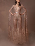 V-Neck See-Through Long Sleeve Slim Tasseled Shiny Party Jumpsuit